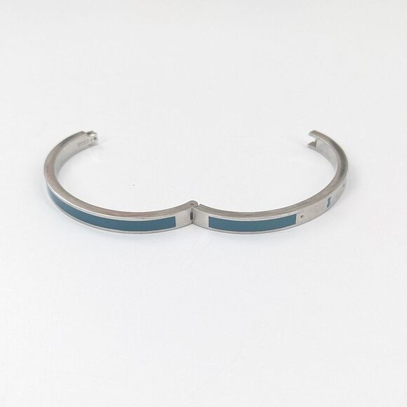 Fossil Signed Silver Tone Turquoise Enamel Hinged Bangle Bracelet Key Lock - Picture 3 of 6
